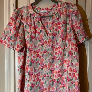 Women's Staccato Floral Blouse - Multicolor Short Sleeve V-Neck - Size Medium